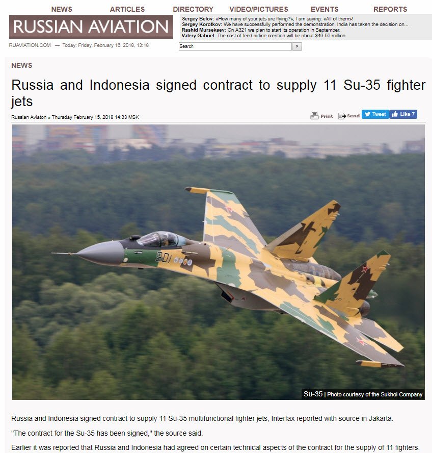 Indonesia & Rusia Sepakat Pengadaan 11 Jet Tempur Su-35